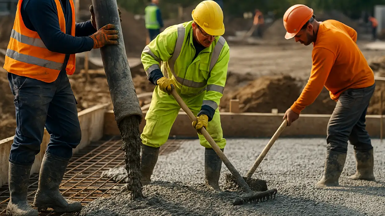 3 concrete contractors spreading concrete on the ground from Concrete King Dallas in Dallas, TX 