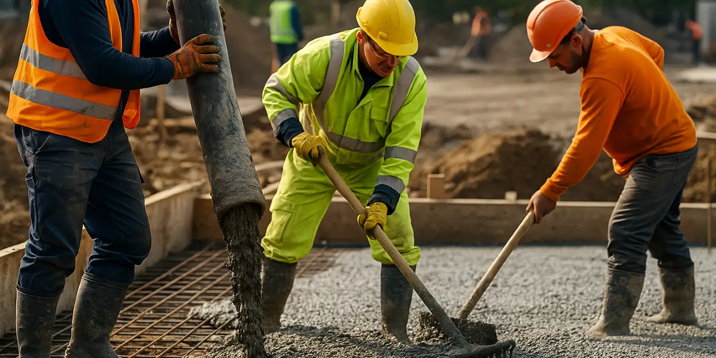 3 concrete contractors spreading concrete on the ground from Concrete King Dallas in Dallas, TX 