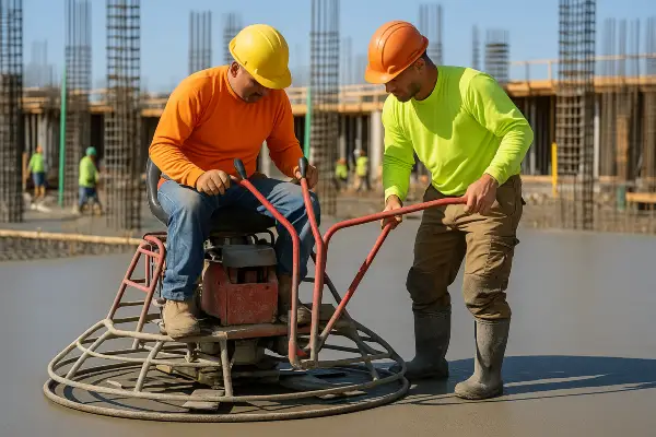 2 men using a machine to finish a concrete slab foundation from Concrete King Dallas in Dallas, TX - Concrete Retaining Walls