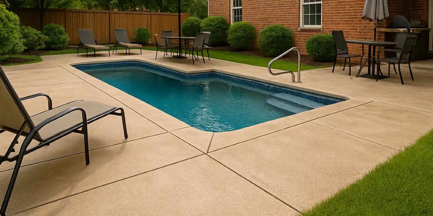 a swimming pool concrete deck from Concrete King Dallas in Dallas, TX - Concrete Slab Foundation