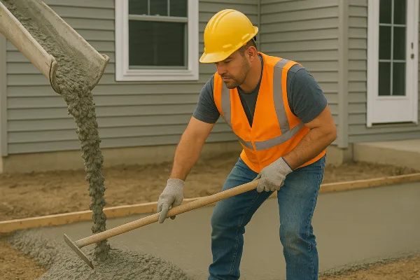 a man spreading the cement that a truck is pouring on the ground from Concrete King Dallas in Dallas, TX - Concrete Slab Foundation