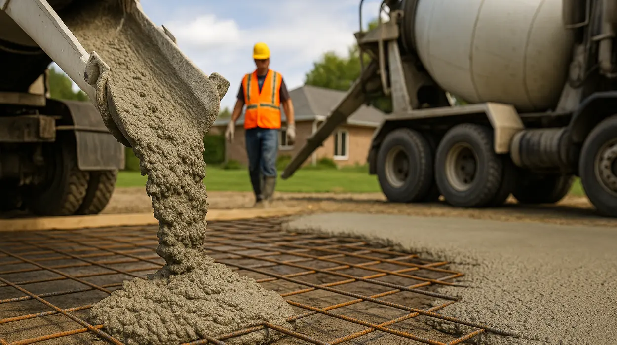 Cement truck pouring cement on a rebared ground from Concrete King Dallas in Dallas, TX - Concrete Steps Building