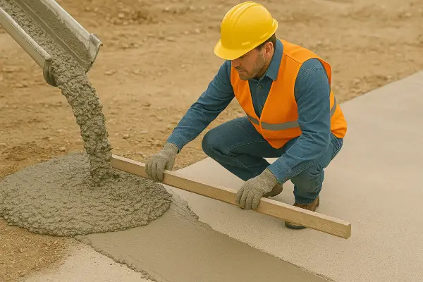 a concrete worker using a piece of wood to spread fresh cement for a sidewalk from Concrete King Dallas in Dallas, TX - Footing slab foundation