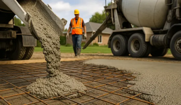 Cement truck pouring cement on a rebared ground from Concrete King Dallas in Garland, TX - Garland TX