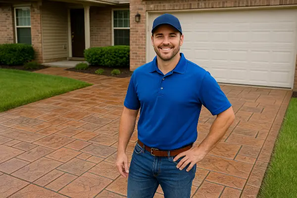 a concrete contractor smiling at the camera with stamped concrete behind him from Concrete King Dallas in Irving, TX - Irving TX