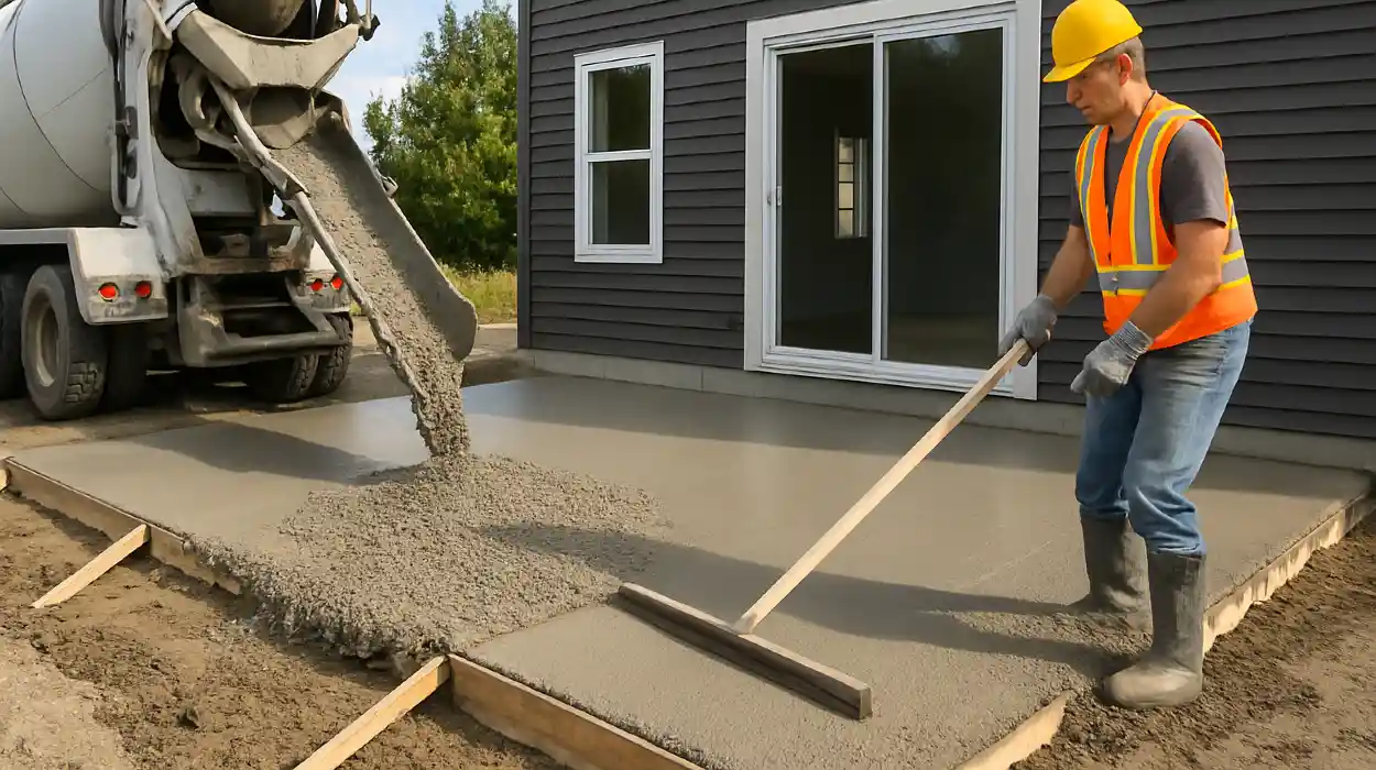 a man spreading the cement a truck is pouring to build a patio from Concrete King Dallas in Dallas, TX - Stamped Concrete Patios