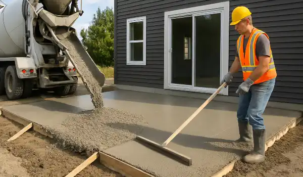 a man spreading the cement a truck is pouring to build a patio from Concrete King Dallas in Dallas, TX - Stamped Concrete Patios