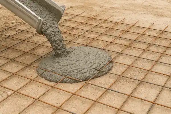 a cement truck pouring cement on a rebared ground from Concrete King Dallas in Dallas, TX - Stamped Concrete Patios